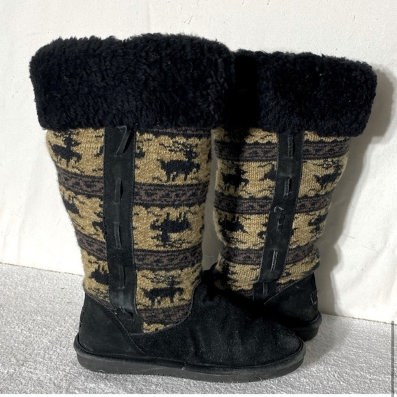 Bearpaw Black Tan Jacquard Deer Print Boots 8 - Picture 10 of 15